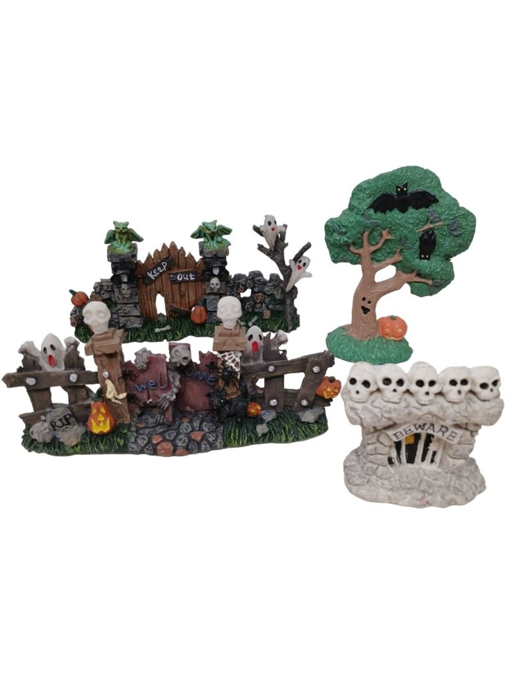 Halloween Village Figurines Spooky Haunted Fence Ghosts Tree Bats Decor #E-M3